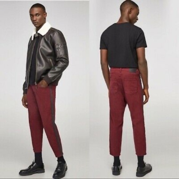Zara Man Loose Fit Cropped Burgundy Jeans NWT 36 Red Men’s - Picture 1 of 9